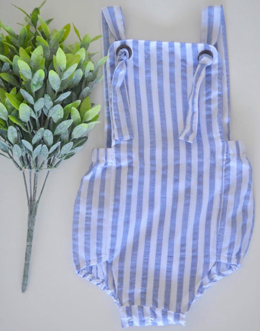 Blue stripe linen romper